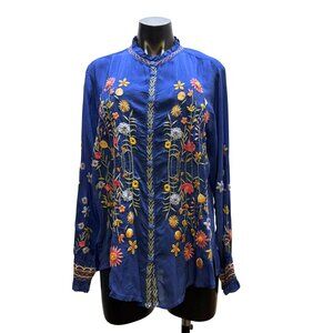 NWT Johnny Was Embroidered Blue Multicolor Long-Sleeve Blouse With Floral Design